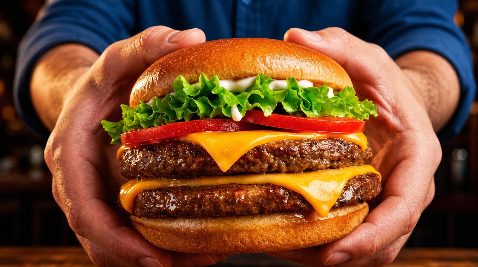 Hamburguesa doble con cheddar fundido sostenida en las manos